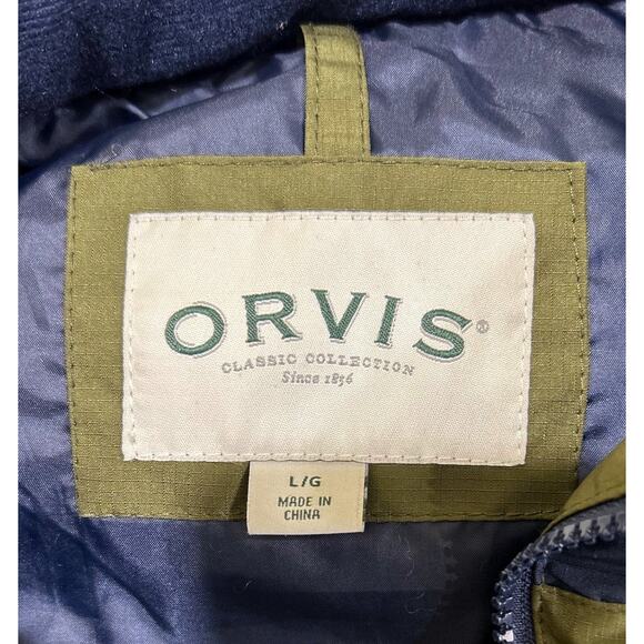 Orvis Ripstop Puffer Vest Green Navy Blue Color Block Full Zip Large Pockets - Picture 7 of 9